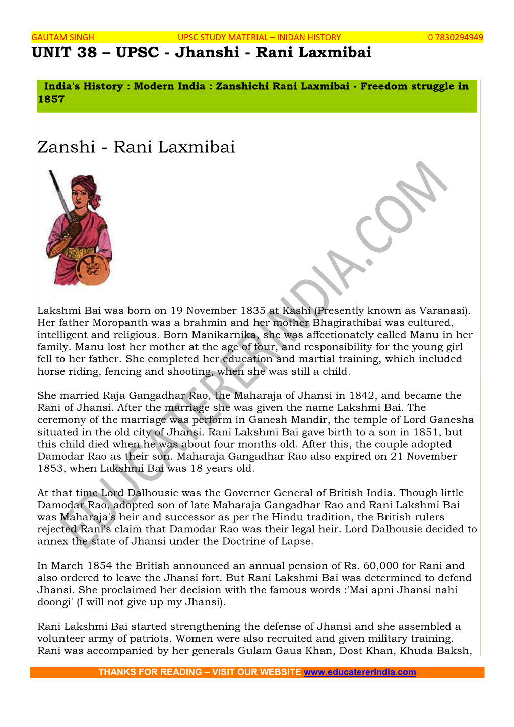 UNIT 38 – UPSC – Jhanshi – Rani Laxmibai