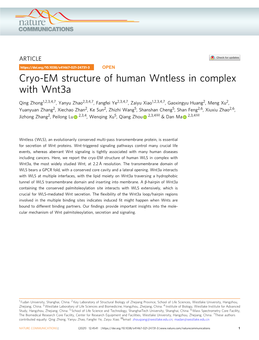 Cryo-EM Structure of Human Wntless in Complex with Wnt3a