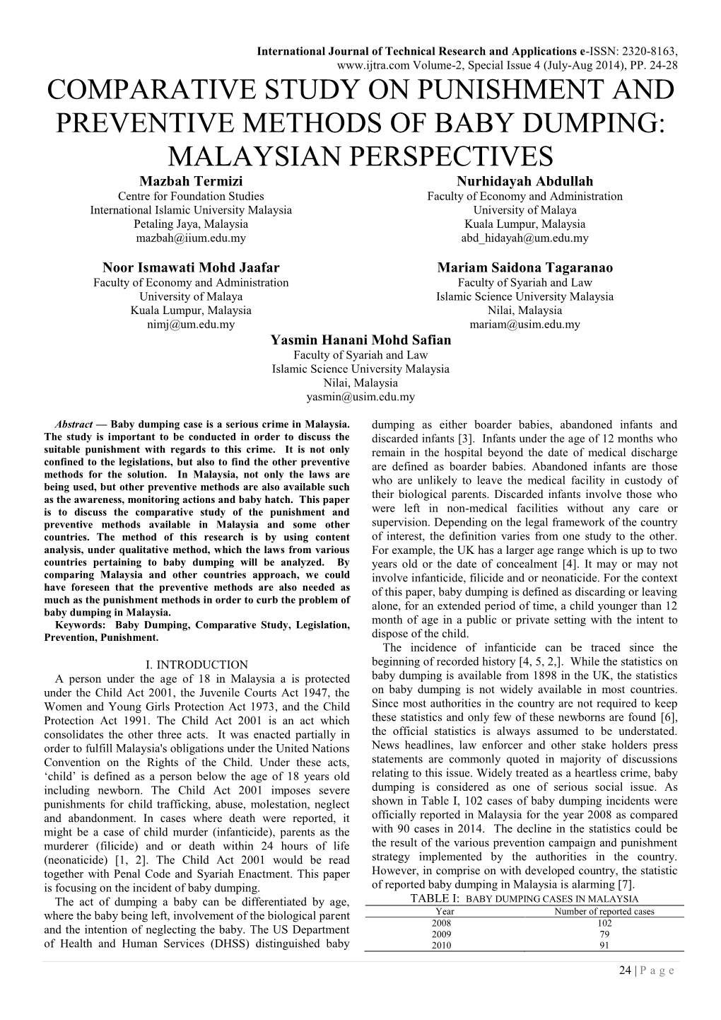 Comparative Study on Punishment and Preventive Methods of Baby Dumping: Malaysian Perspectives