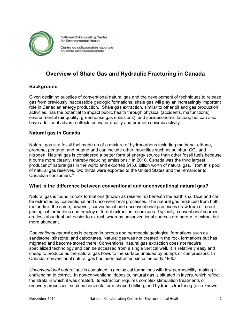 Overview of Shale Gas and Hydraulic Fracturing in Canada