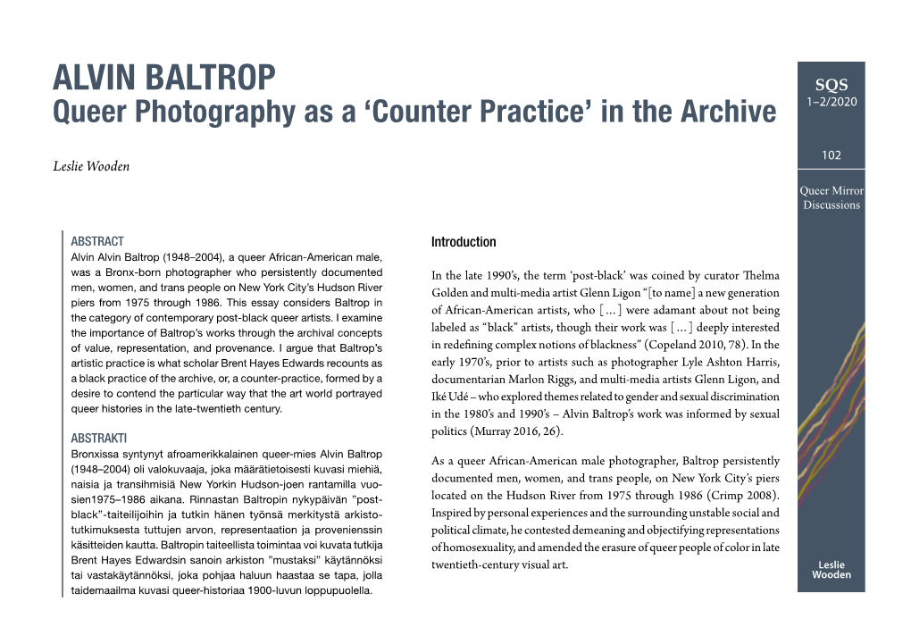 ALVIN BALTROP SQS Queer Photography As a ‘Counter Practice’ in the Archive 1–2/2020