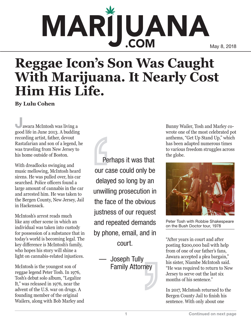 Reggae Icon's Son Was Caught with Marijuana. It