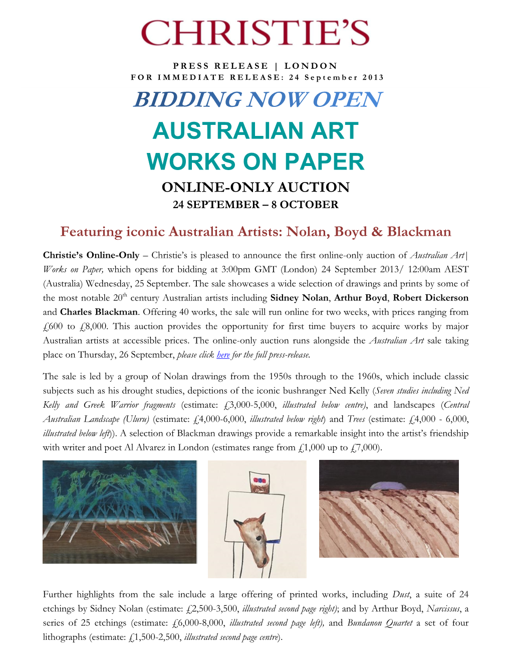 Australian Art Works on Paper Online-Only Auction 24 September – 8 October