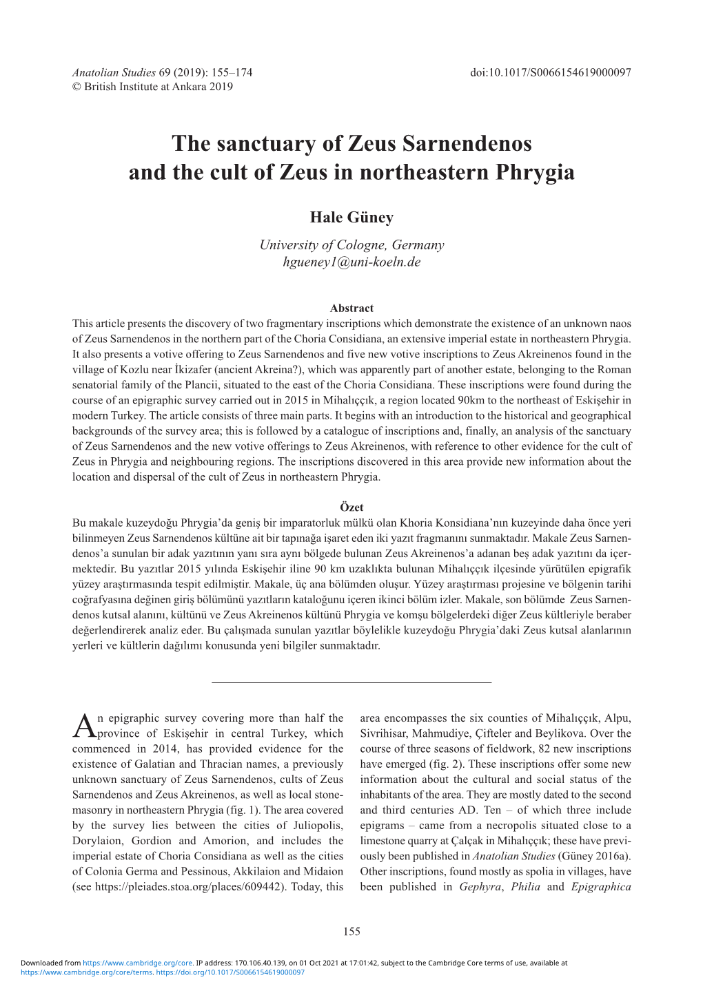 The Sanctuary of Zeus Sarnendenos and the Cult of Zeus in Northeastern Phrygia