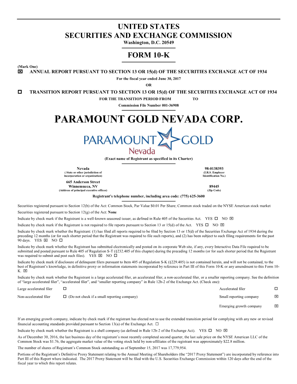 Paramount Gold Nevada Corp