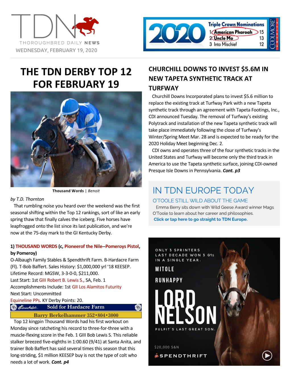 The Tdn Derby Top 12 for February 19