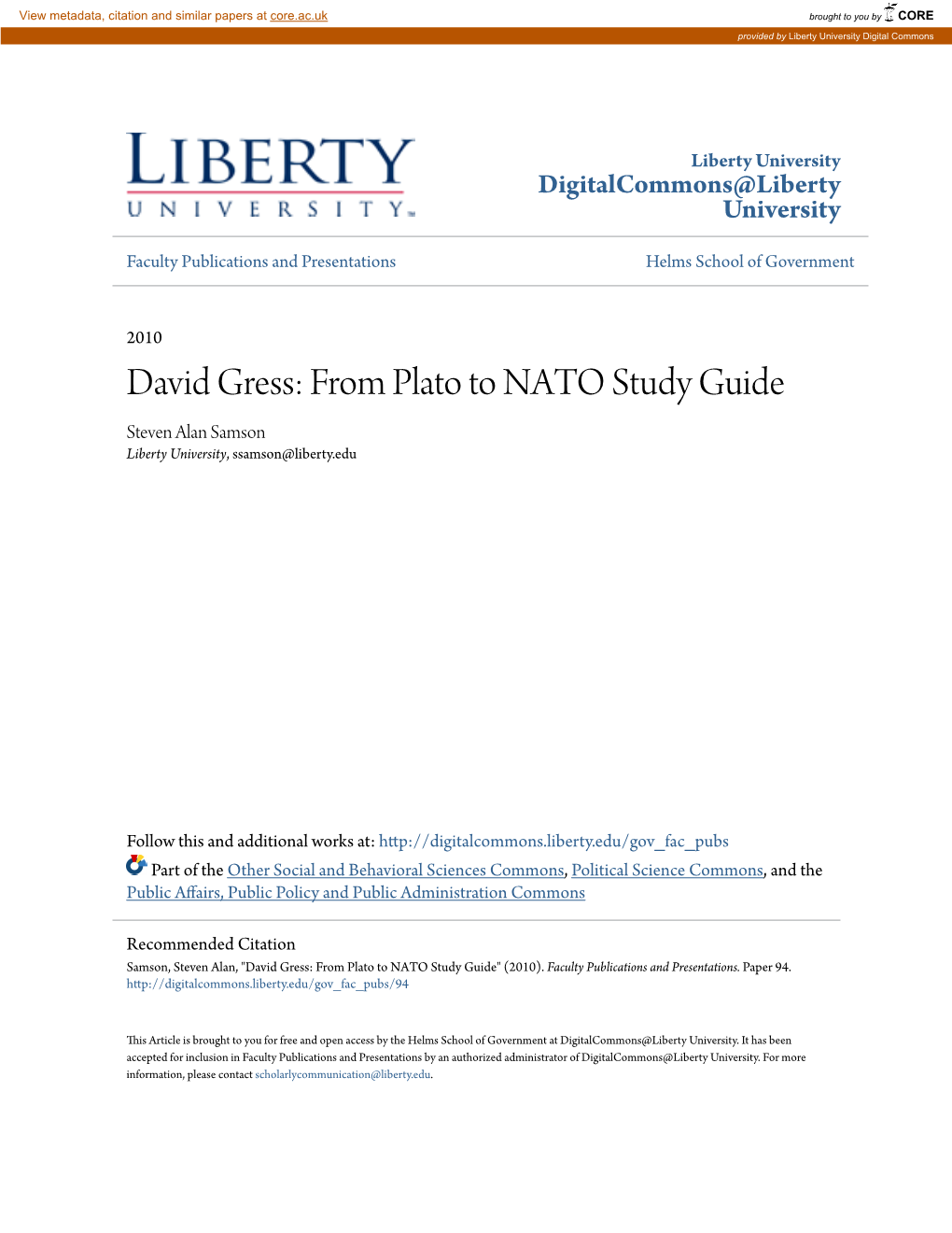 David Gress: from Plato to NATO Study Guide Steven Alan Samson Liberty University, Ssamson@Liberty.Edu