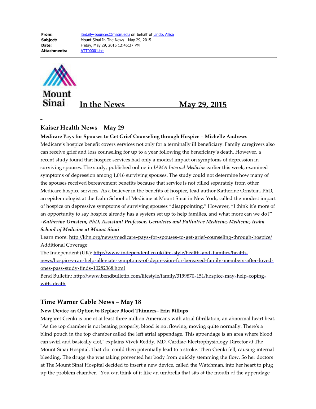 In the News May 29, 2015