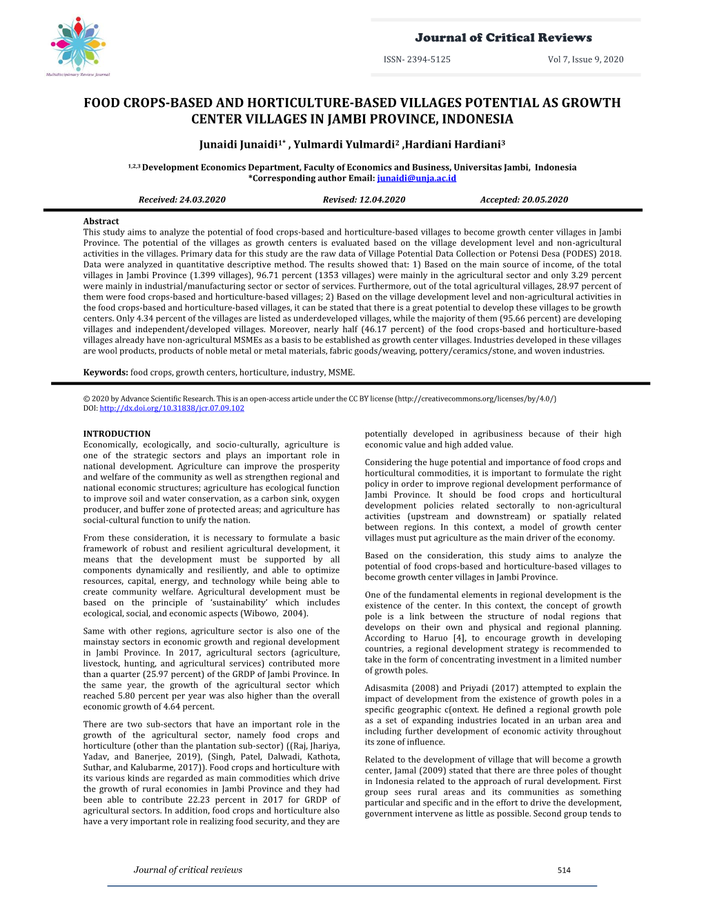 Food Crops-Based and Horticulture-Based Villages Potential As Growth Center Villages in Jambi Province, Indonesia