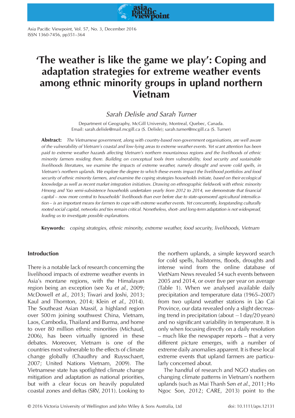 Coping and Adaptation Strategies for Extreme Weather Events Among Ethnic Minority Groups in Upland Northern Vietnam