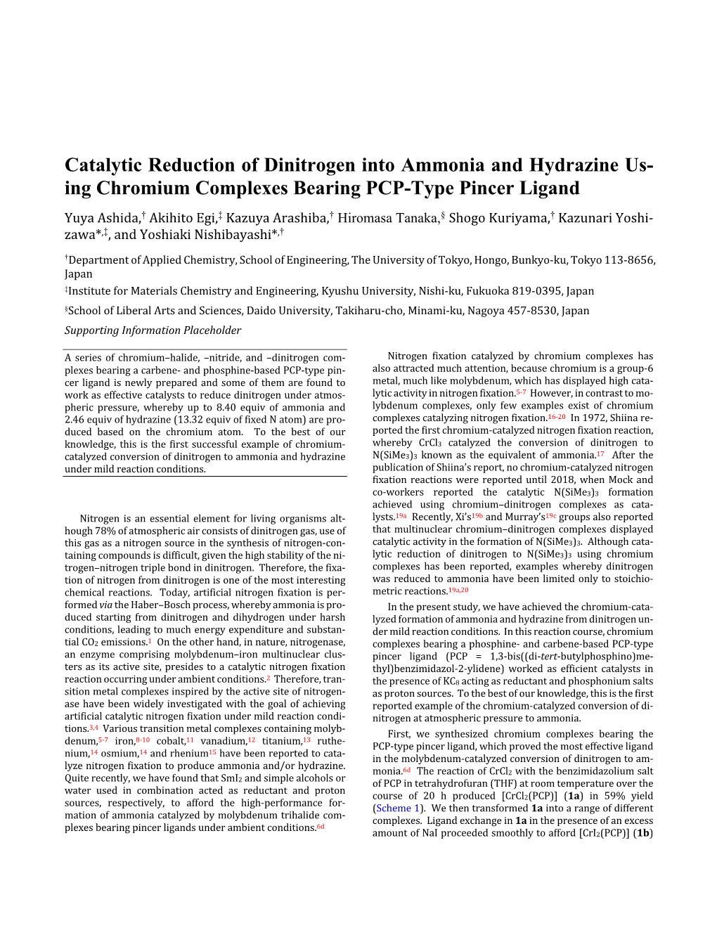 Catalytic Reduction of Dinitrogen Into Ammonia and Hydrazine Us- Ing Chromium Complexes Bearing PCP-Type Pincer Ligand