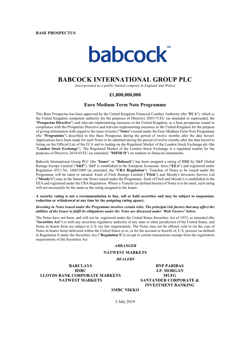 BABCOCK INTERNATIONAL GROUP PLC (Incorporated As a Public Limited Company in England and Wales)