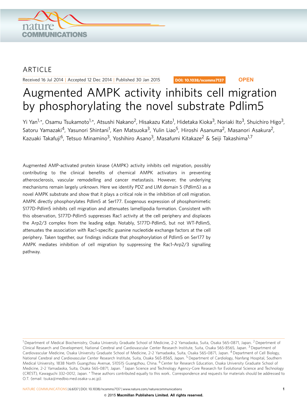 Augmented AMPK Activity Inhibits Cell Migration by Phosphorylating the Novel Substrate Pdlim5