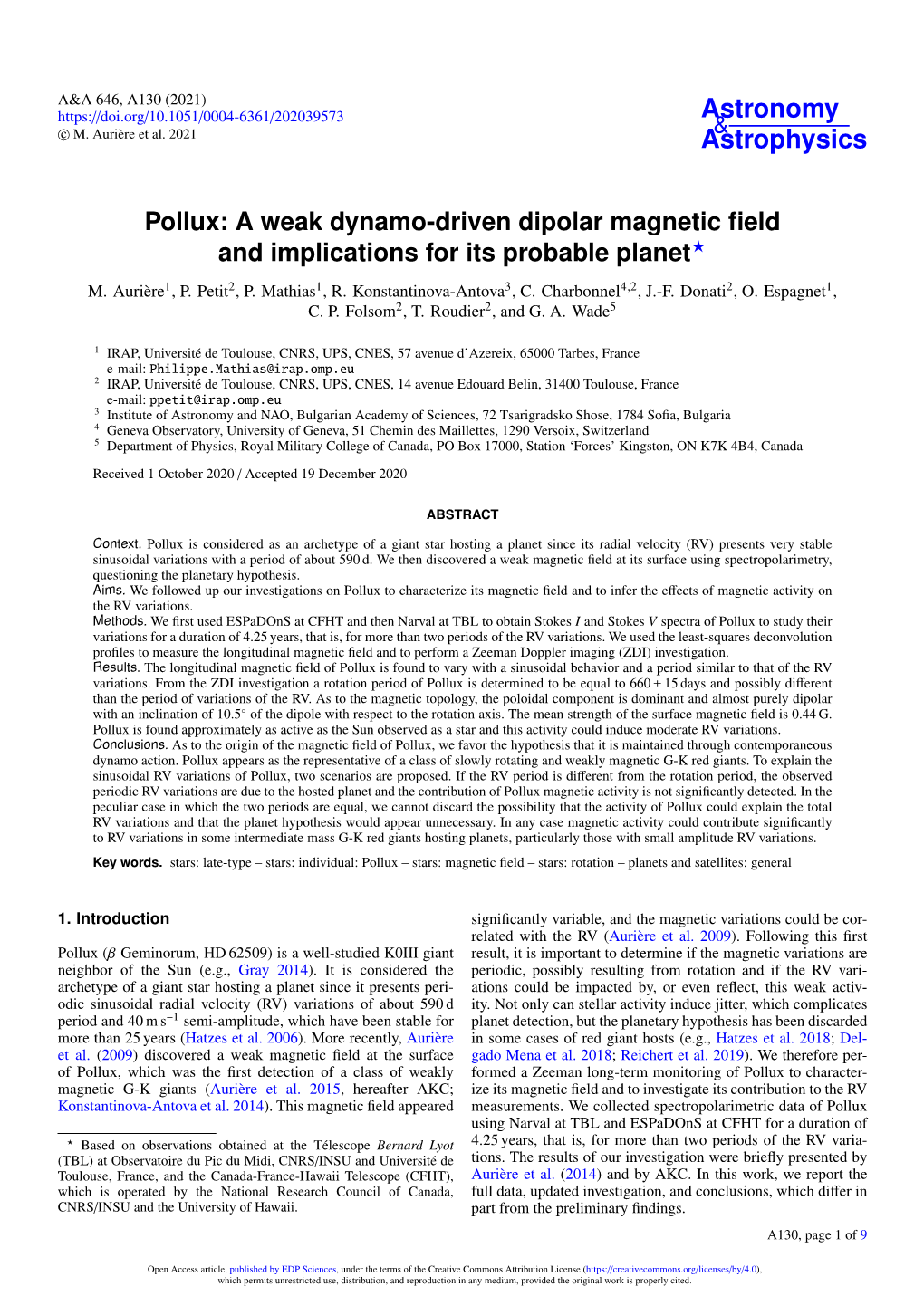 Pollux: a Weak Dynamo-Driven Dipolar Magnetic Field and Implications For