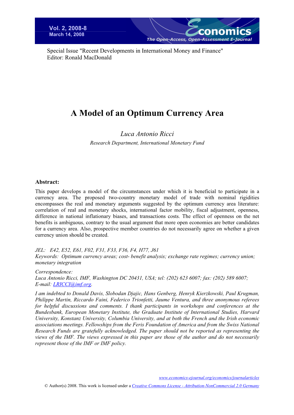 A Model of an Optimum Currency Area