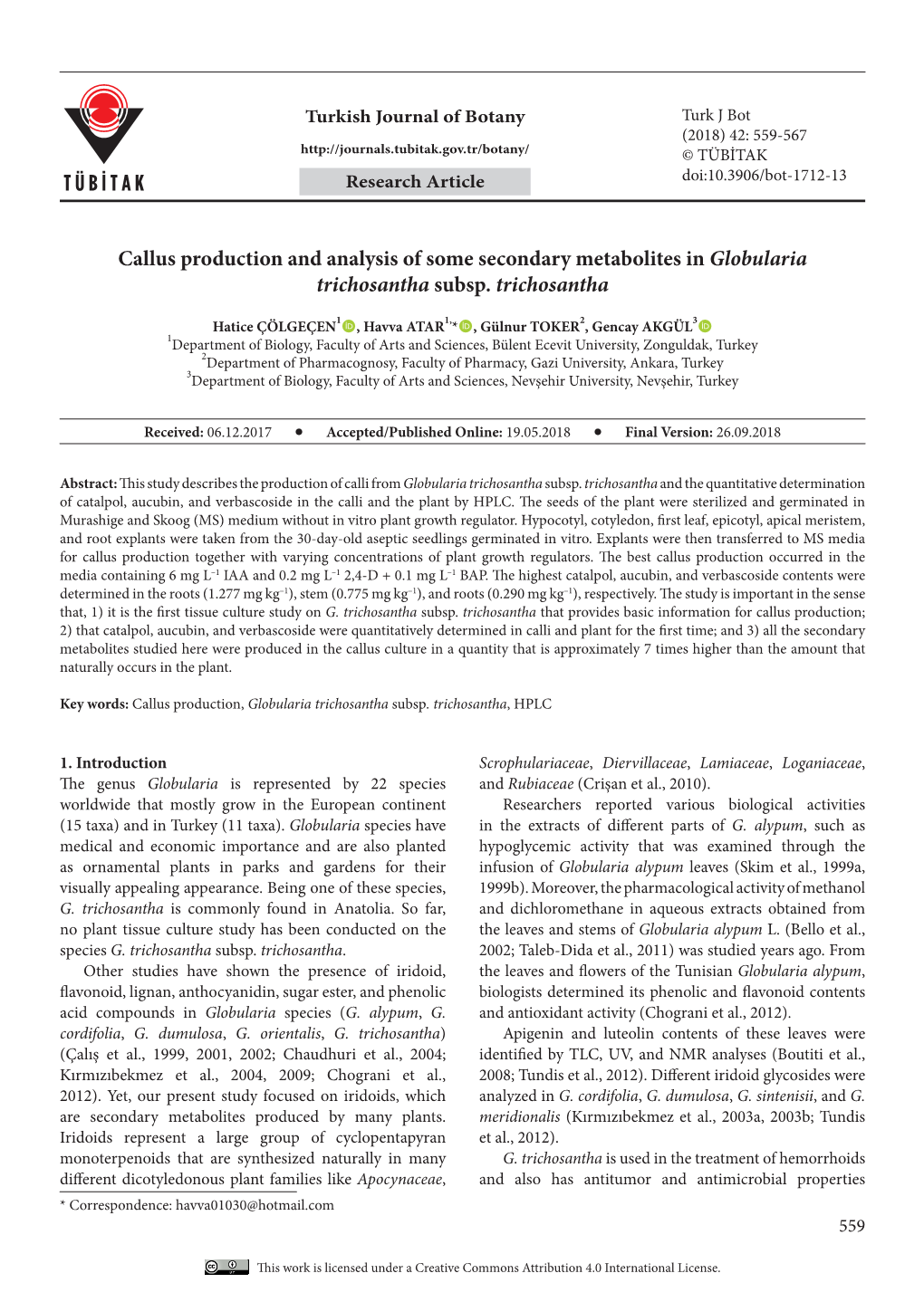 Callus Production and Analysis of Some Secondary Metabolites in Globularia Trichosantha Subsp