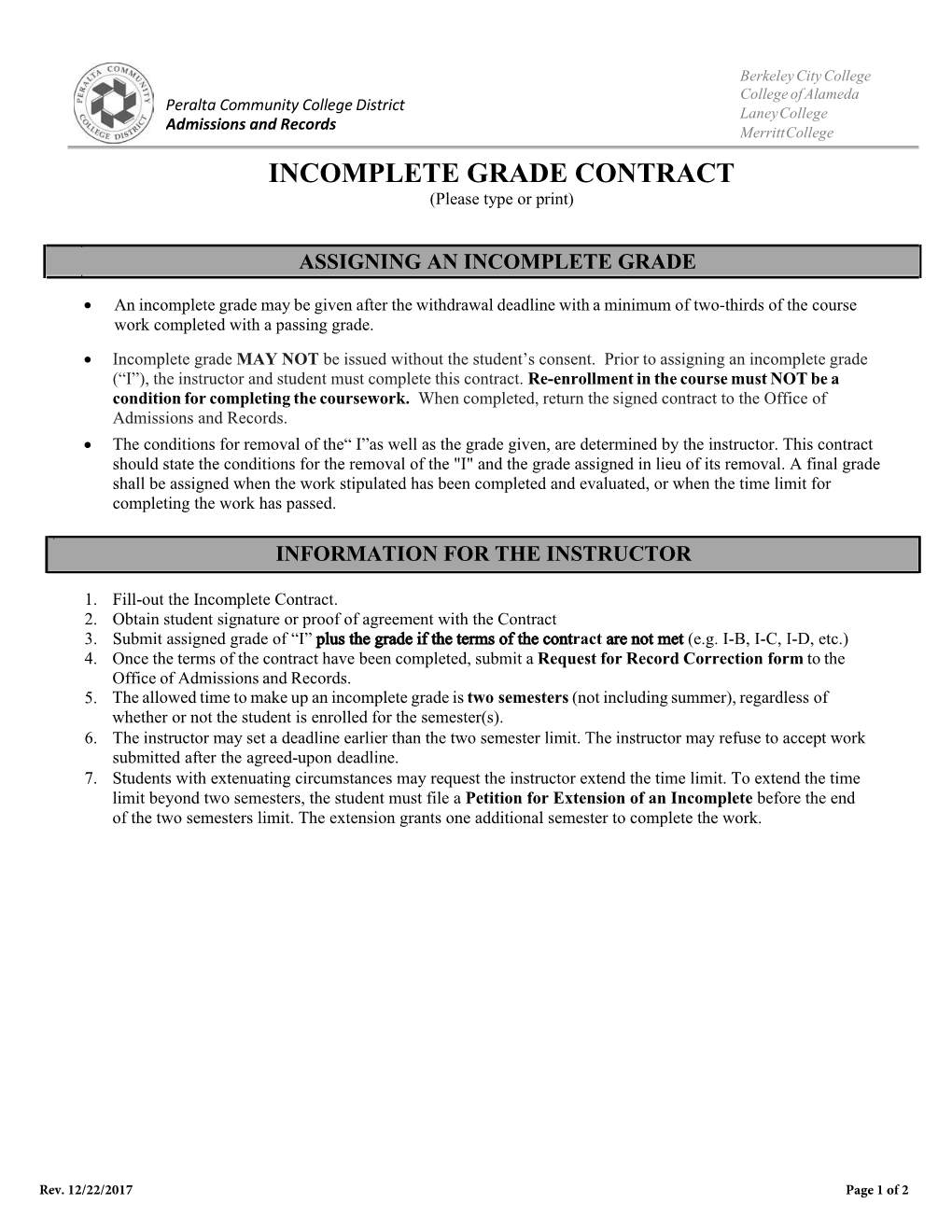 INCOMPLETE GRADE CONTRACT (Please Type Or Print)