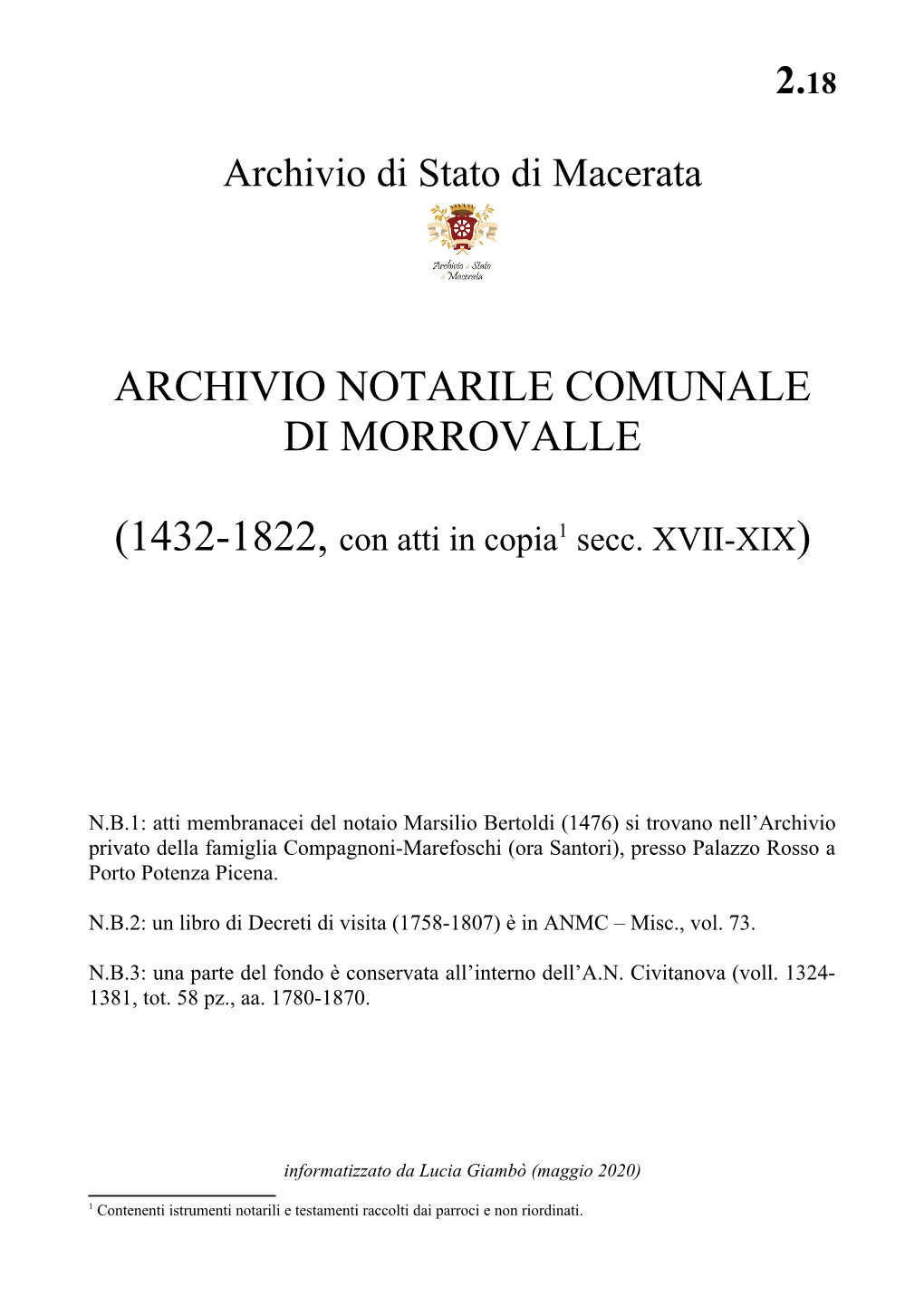 Archivio Notarile Comunale Di Morrovalle , 1432-1822