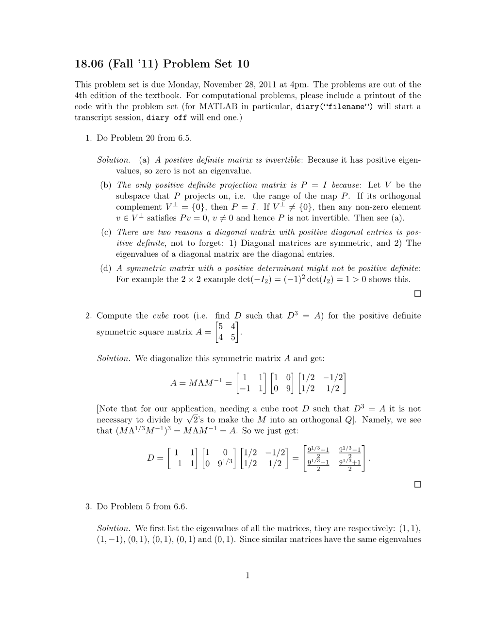 18.06 (Fall '11) Problem Set 10