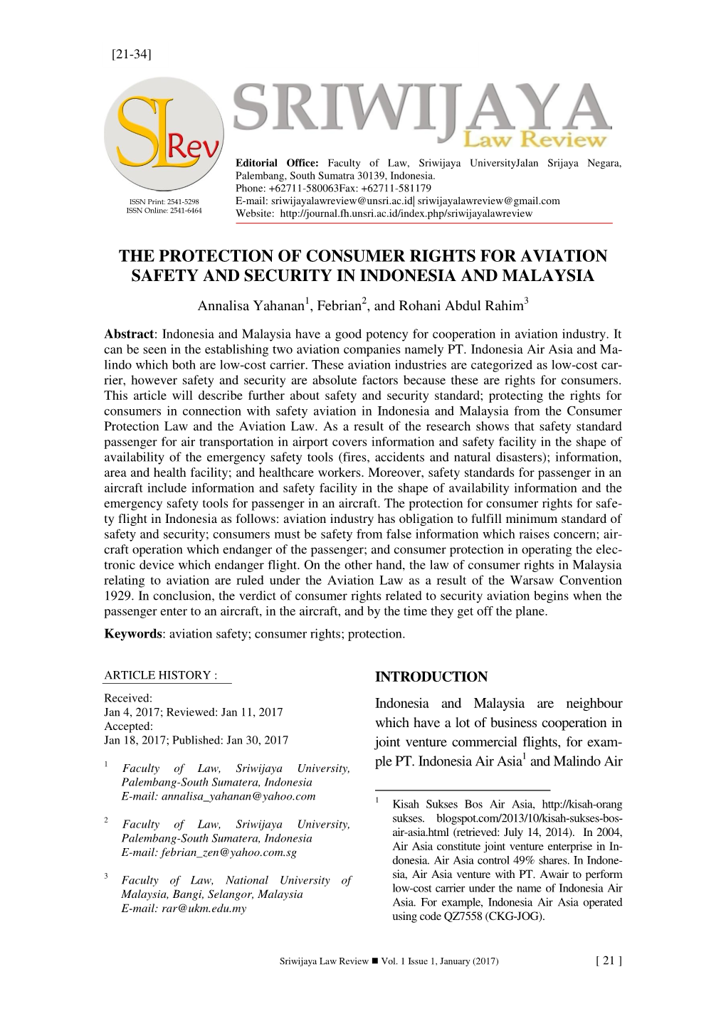 The Protection of Consumer Rights for Aviation Safety and Security in Indonesia and Malaysia