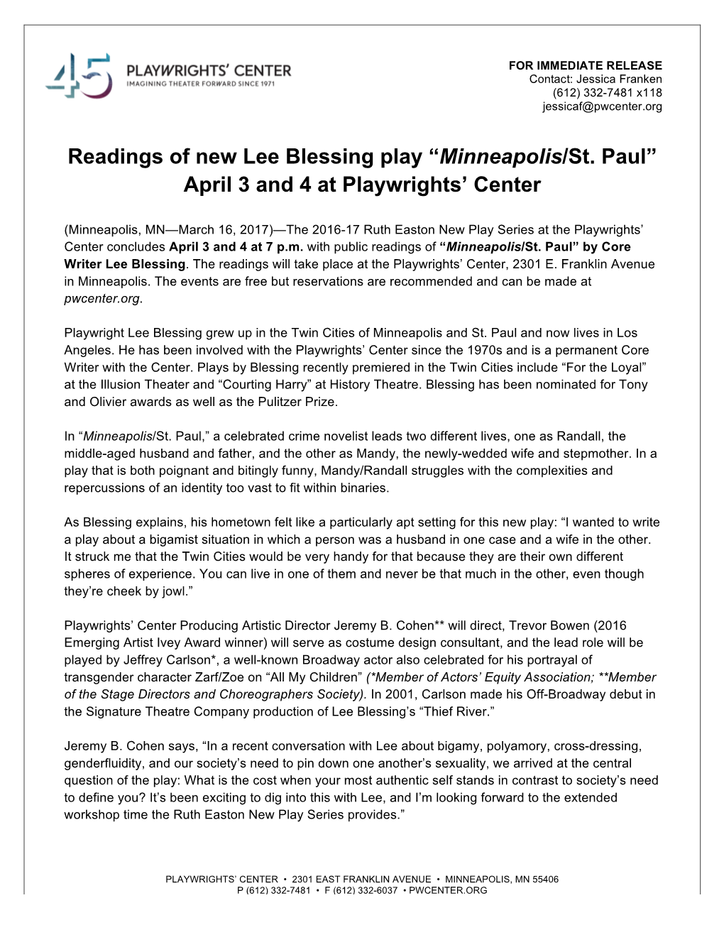 Readings of New Lee Blessing Play “Minneapolis/St. Paul” April 3 and 4 at Playwrights’ Center