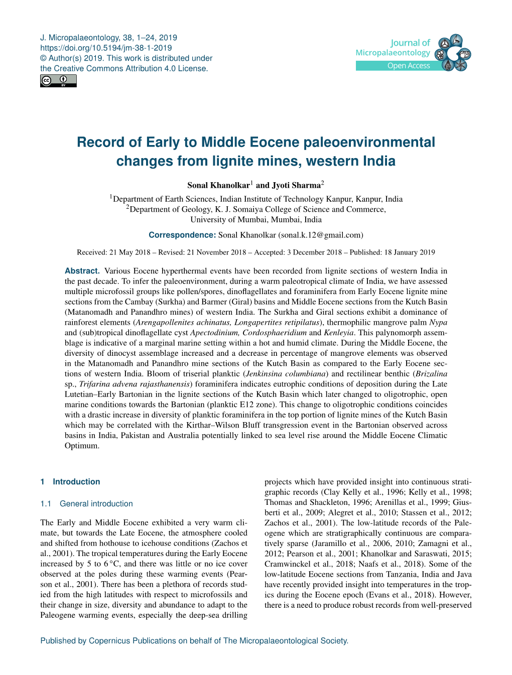 Record of Early to Middle Eocene Paleoenvironmental Changes from Lignite Mines, Western India
