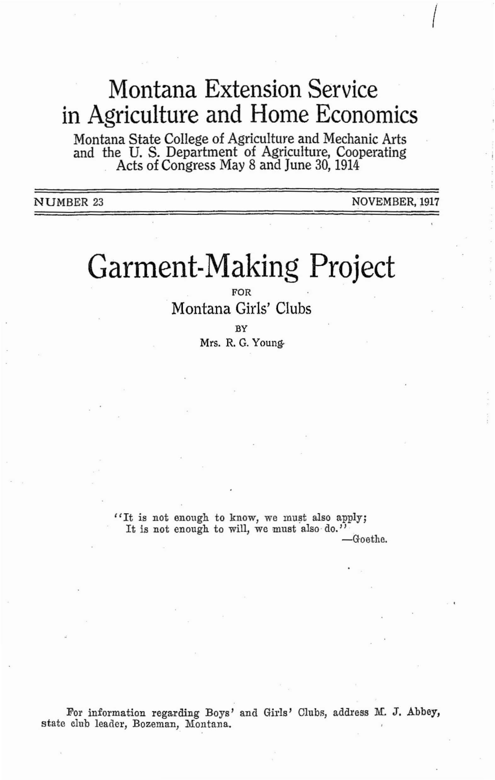 Garment-Making Project for Montana Girls' Clubs by Mrs