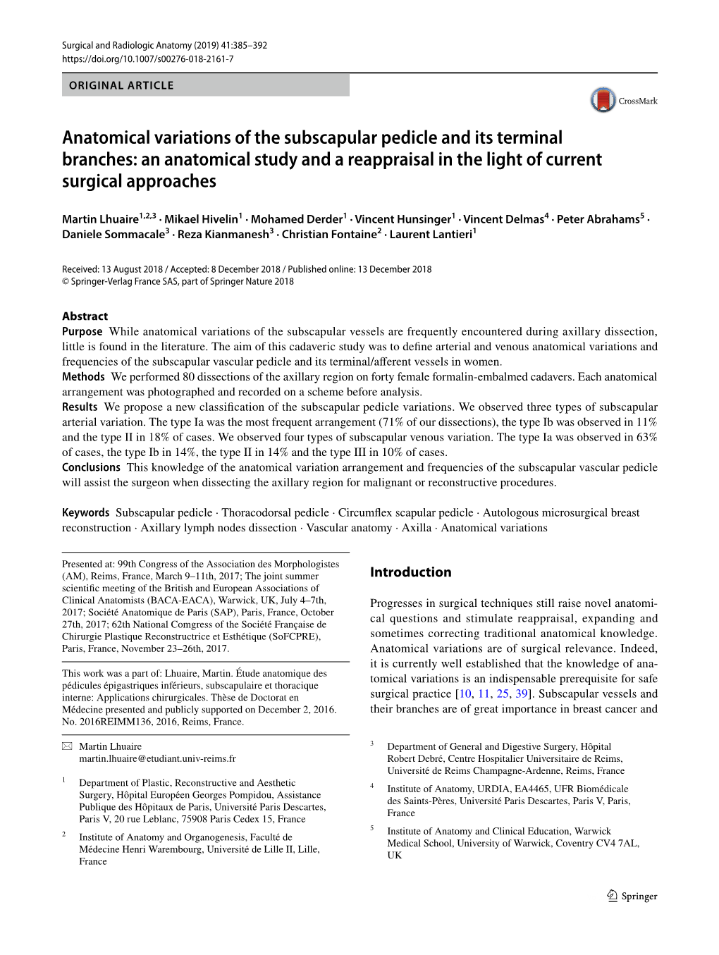 Anatomical Variations of the Subscapular Pedicle and Its Terminal Branches: an Anatomical Study and a Reappraisal in the Light of Current Surgical Approaches