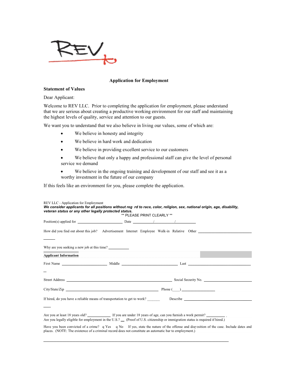 REV LLC Application For Employment