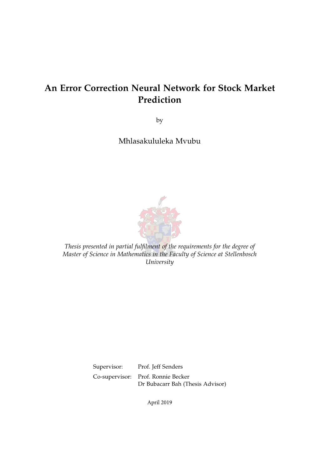 An Error Correction Neural Network for Stock Market Prediction