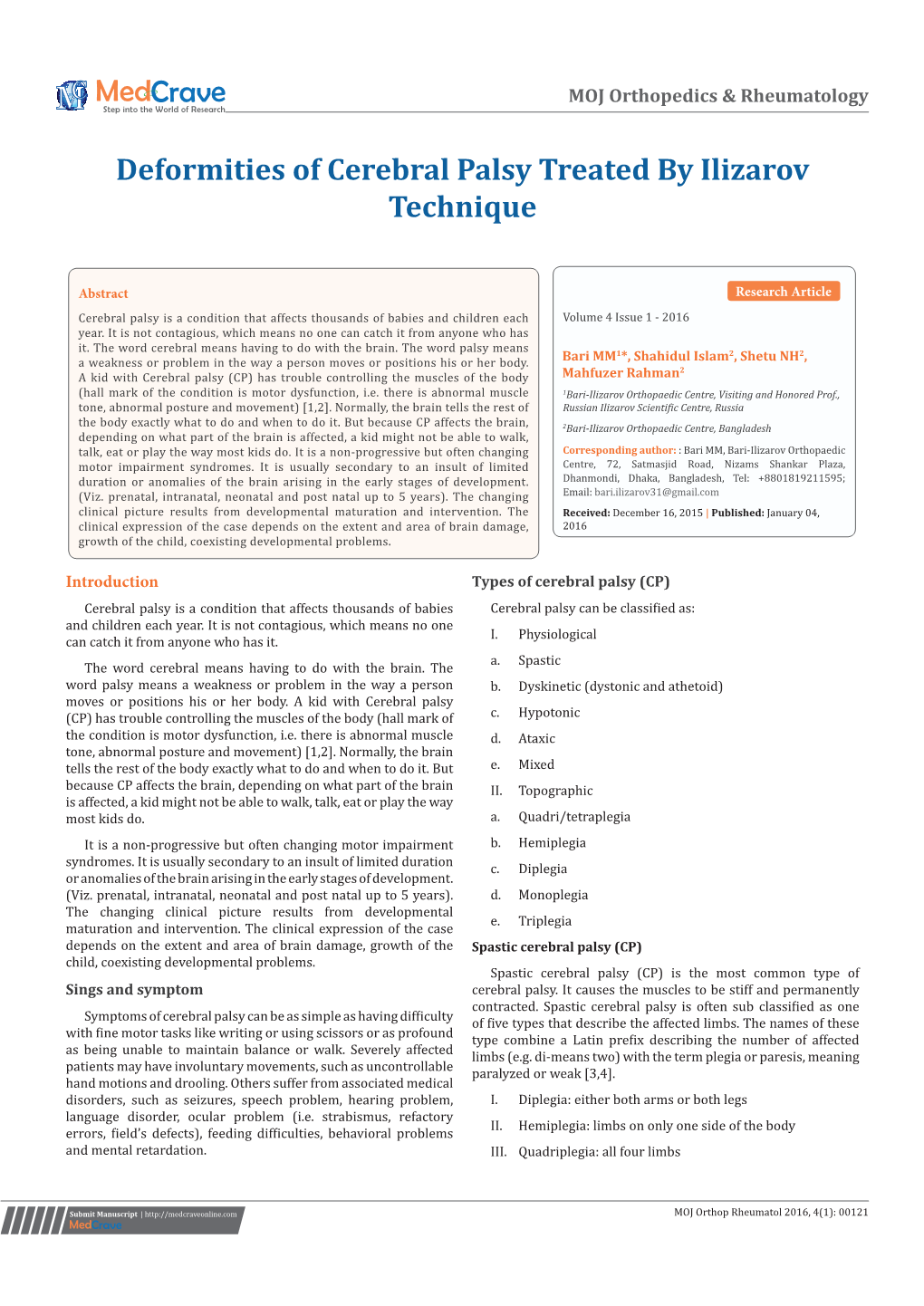 Deformities of Cerebral Palsy Treated by Ilizarov Technique