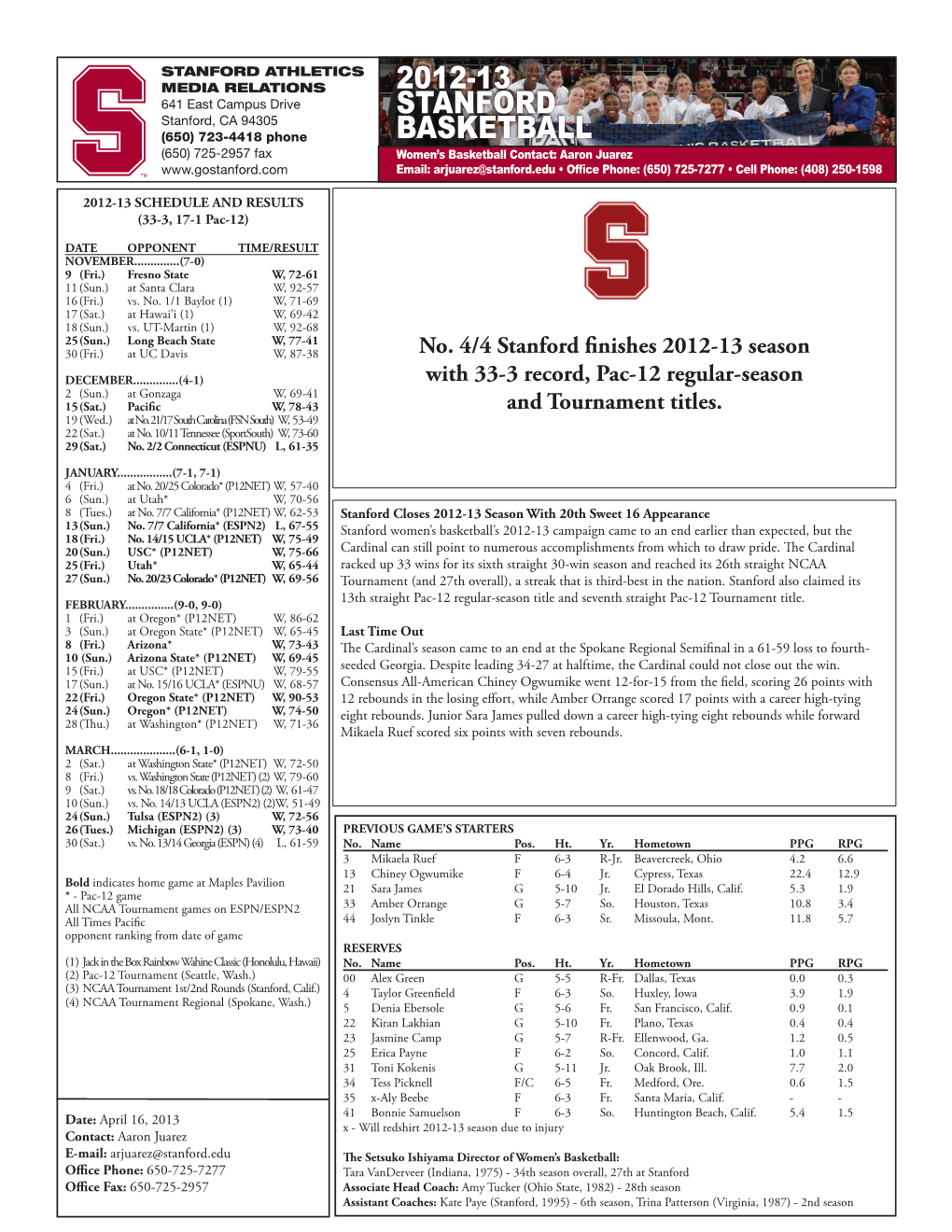 2012-13 Stanford Basketball Women’S Basketball Contact: Aaron Juarez Email: Arjuarez@Stanford.Edu • Office Phone: (650) 725-7277 • Cell Phone: (408) 250-1598