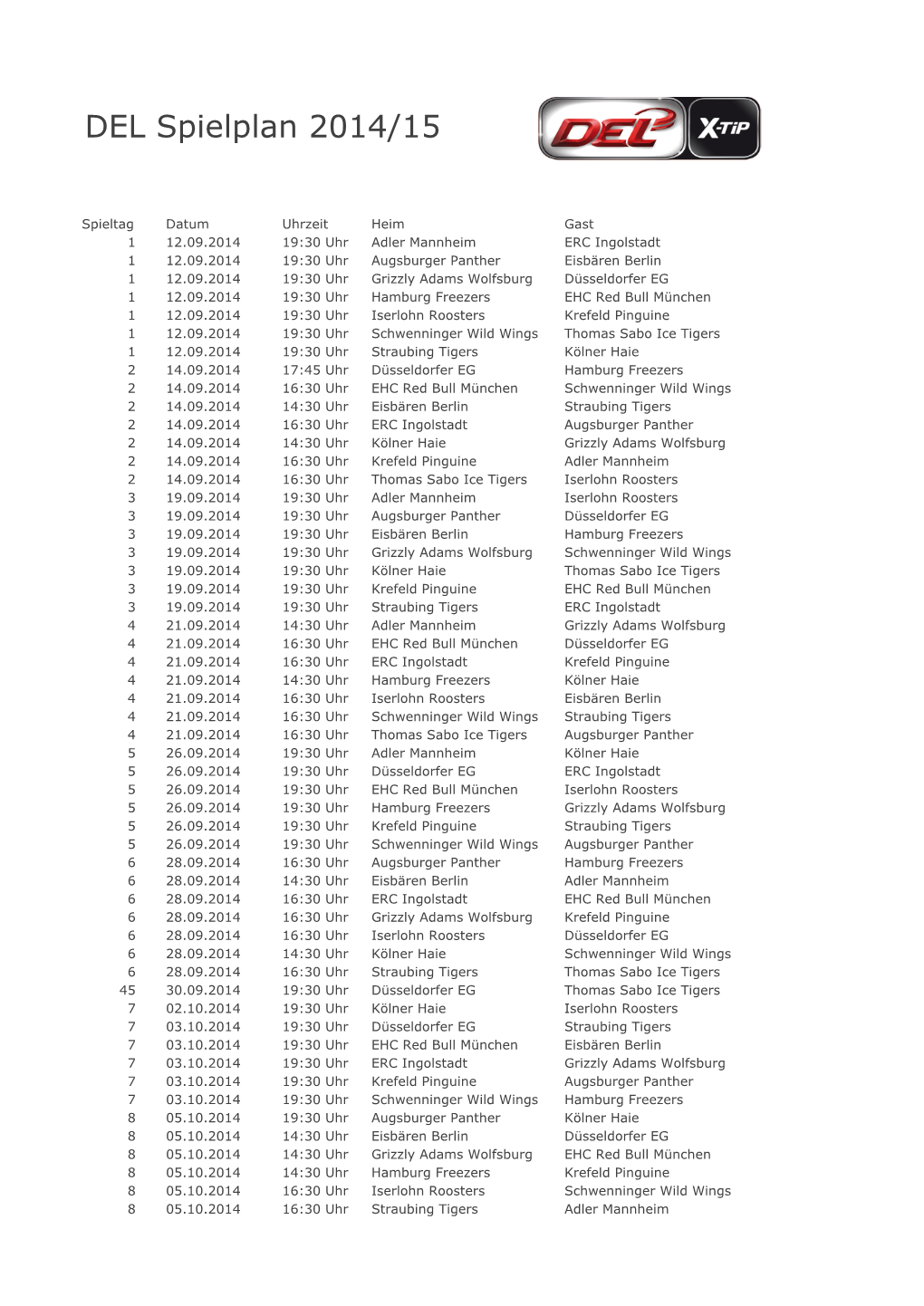 DEL Spielplan 2014/15