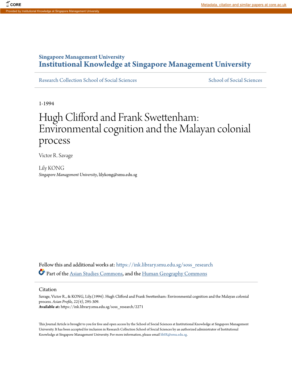 Hugh Clifford and Frank Swettenham: Environmental Cognition and the Malayan Colonial Process Victor R