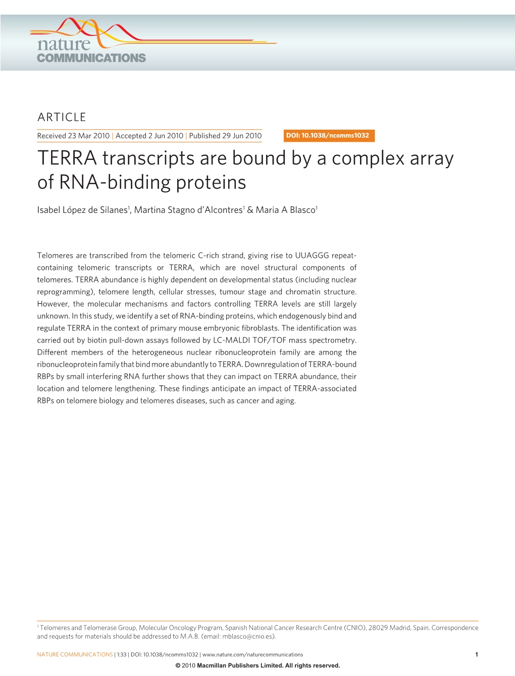 TERRA Transcripts Are Bound by a Complex Array of RNA-Binding Proteins