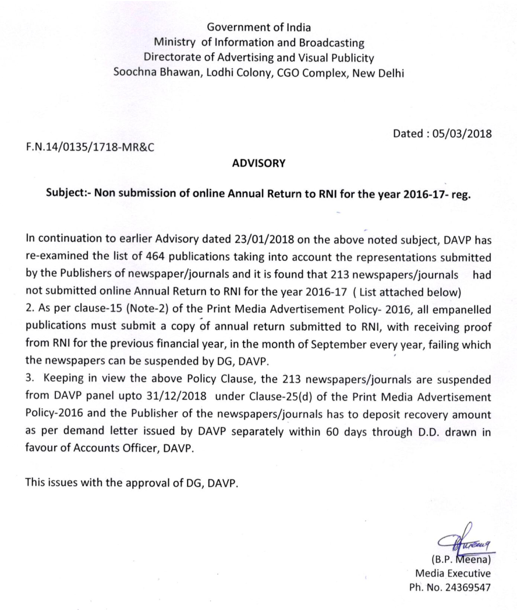 Non Submission of Online Annual Return to Rni for the Year