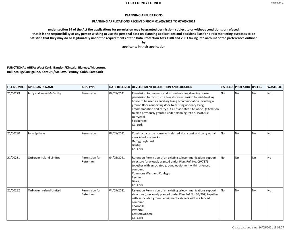 Report Weekly Lists Planning Application Received