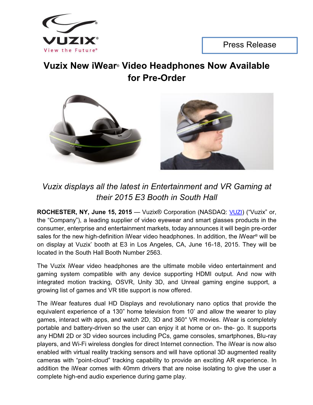 Vuzix New Iwear® Video Headphones Now Available for Pre-Order