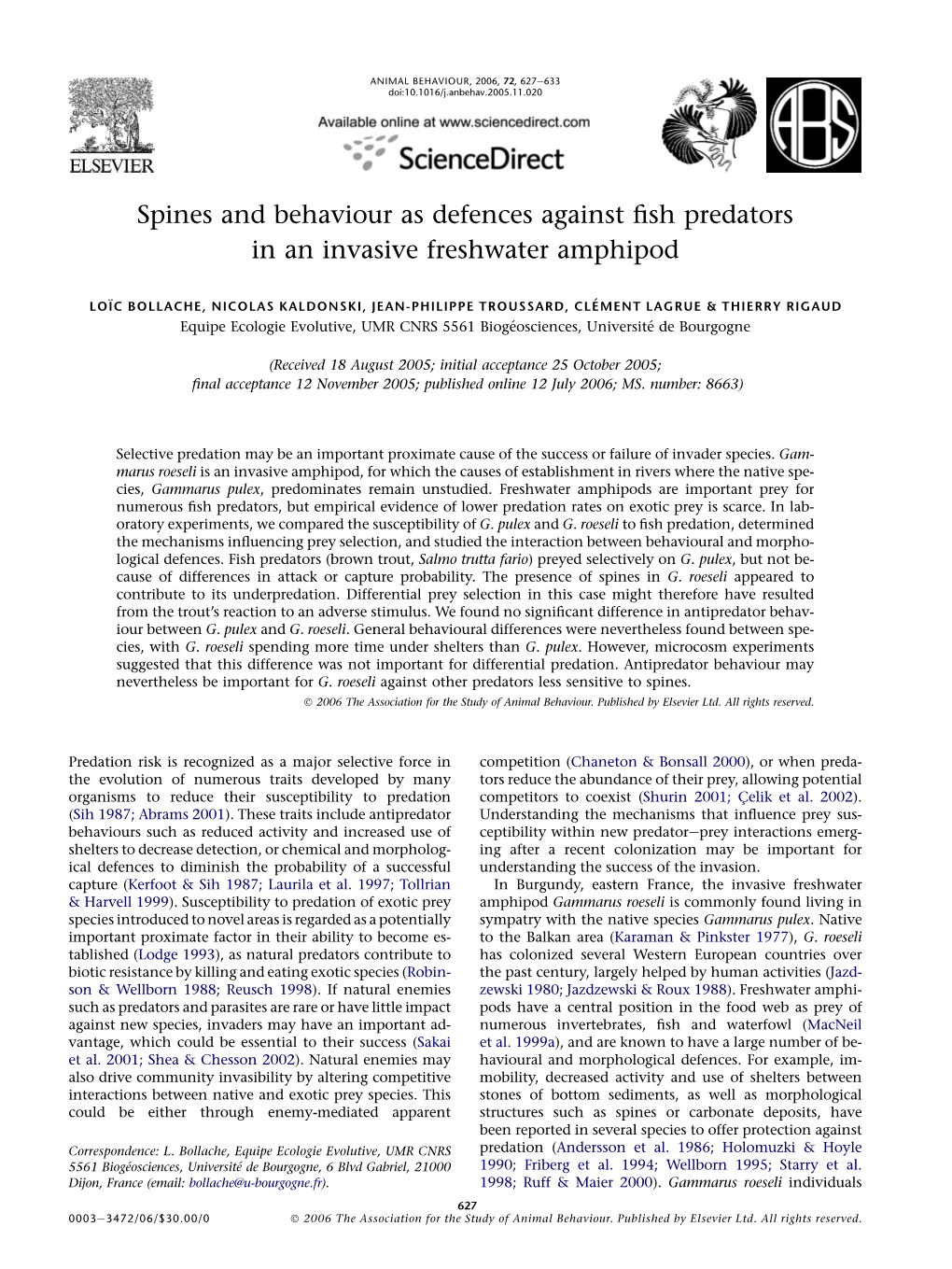 Spines and Behaviour As Defences Against Fish Predators in an Invasive