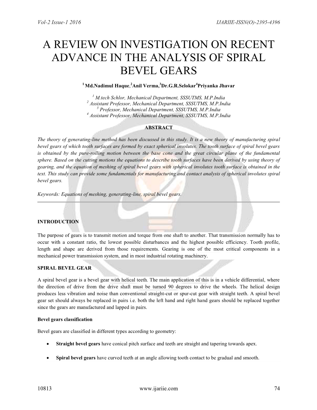 A Review on Investigation on Recent Advance in the Analysis of Spiral Bevel Gears