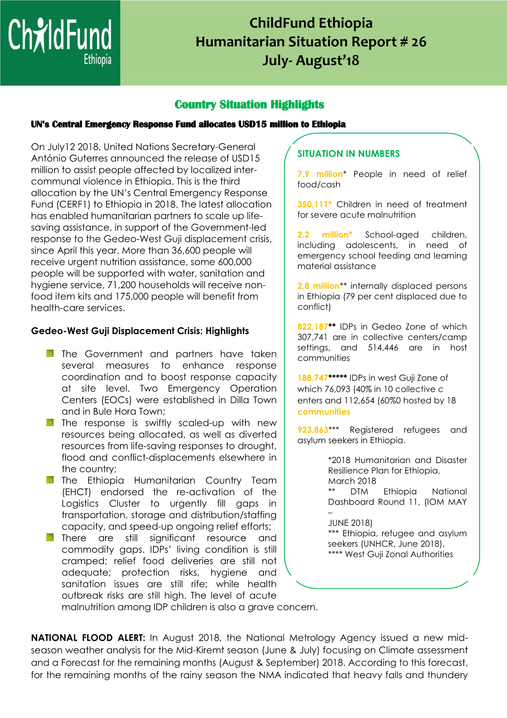 Childfund Ethiopia Humanitarian Situation Report # 26 July- August'18