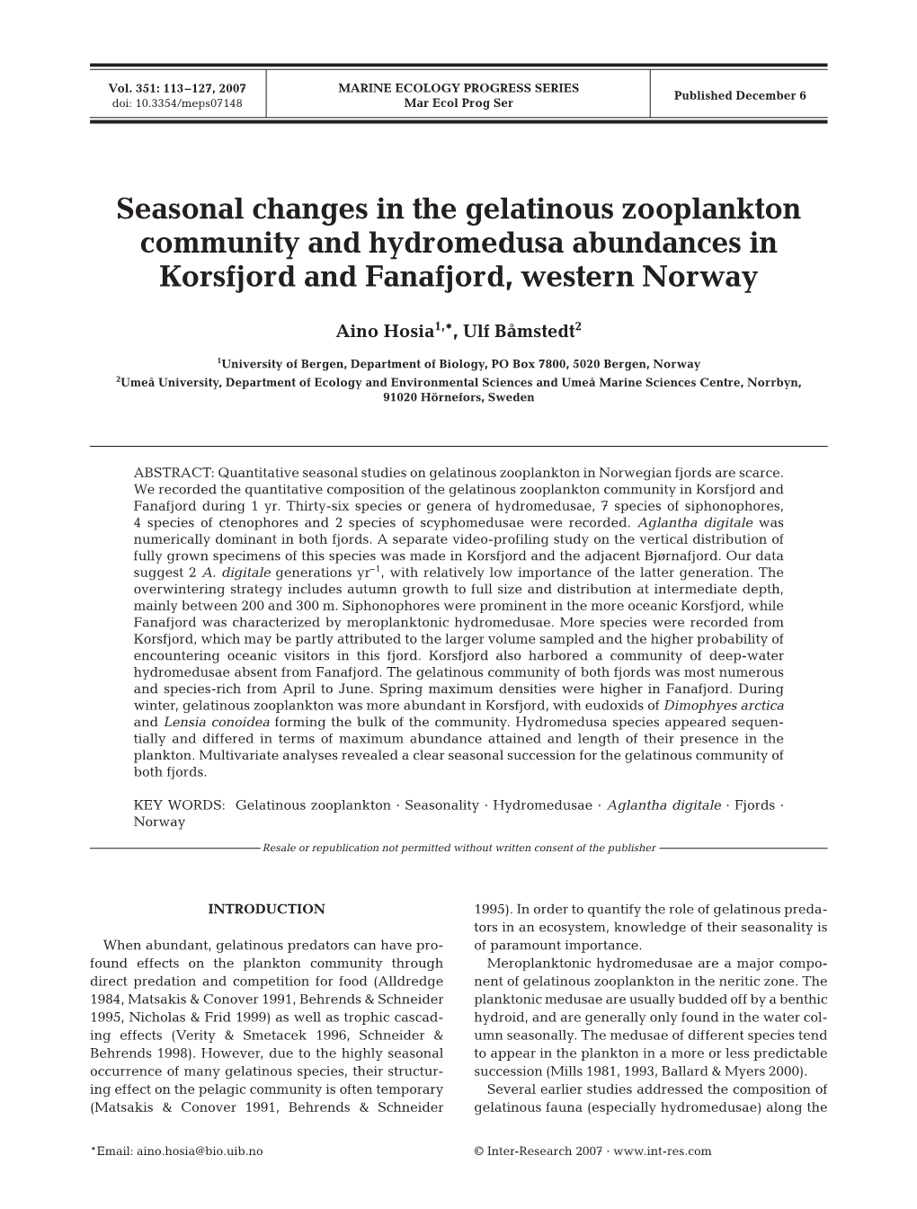 Seasonal Changes in the Gelatinous Zooplankton Community and Hydromedusa Abundances in Korsfjord and Fanafjord, Western Norway