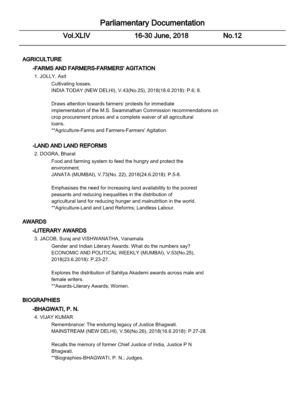 Parliamentary Documentation Vol.XLIV 16-30 June, 2018 No.12