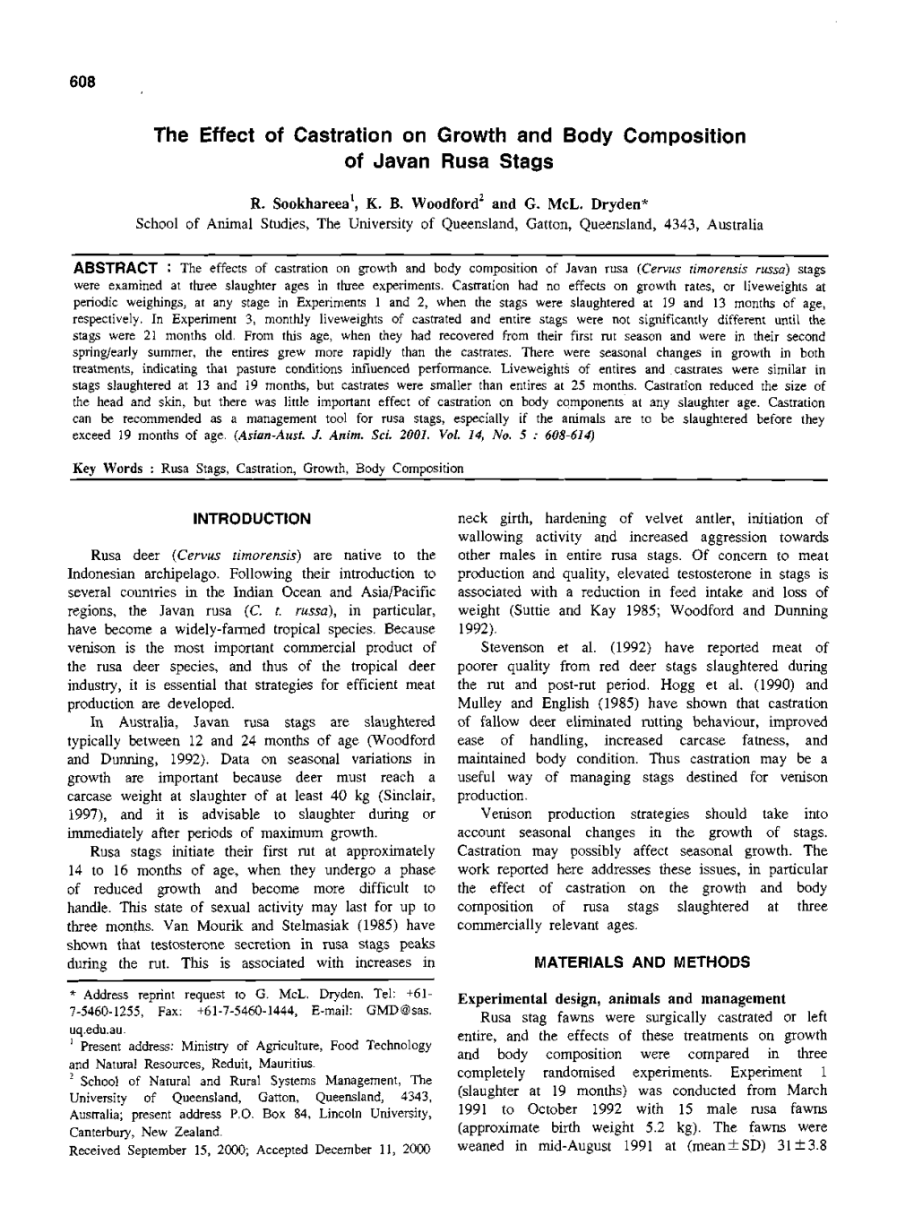 The Effect of Castration on Growth and Body Composition of Javan Rusa Stags