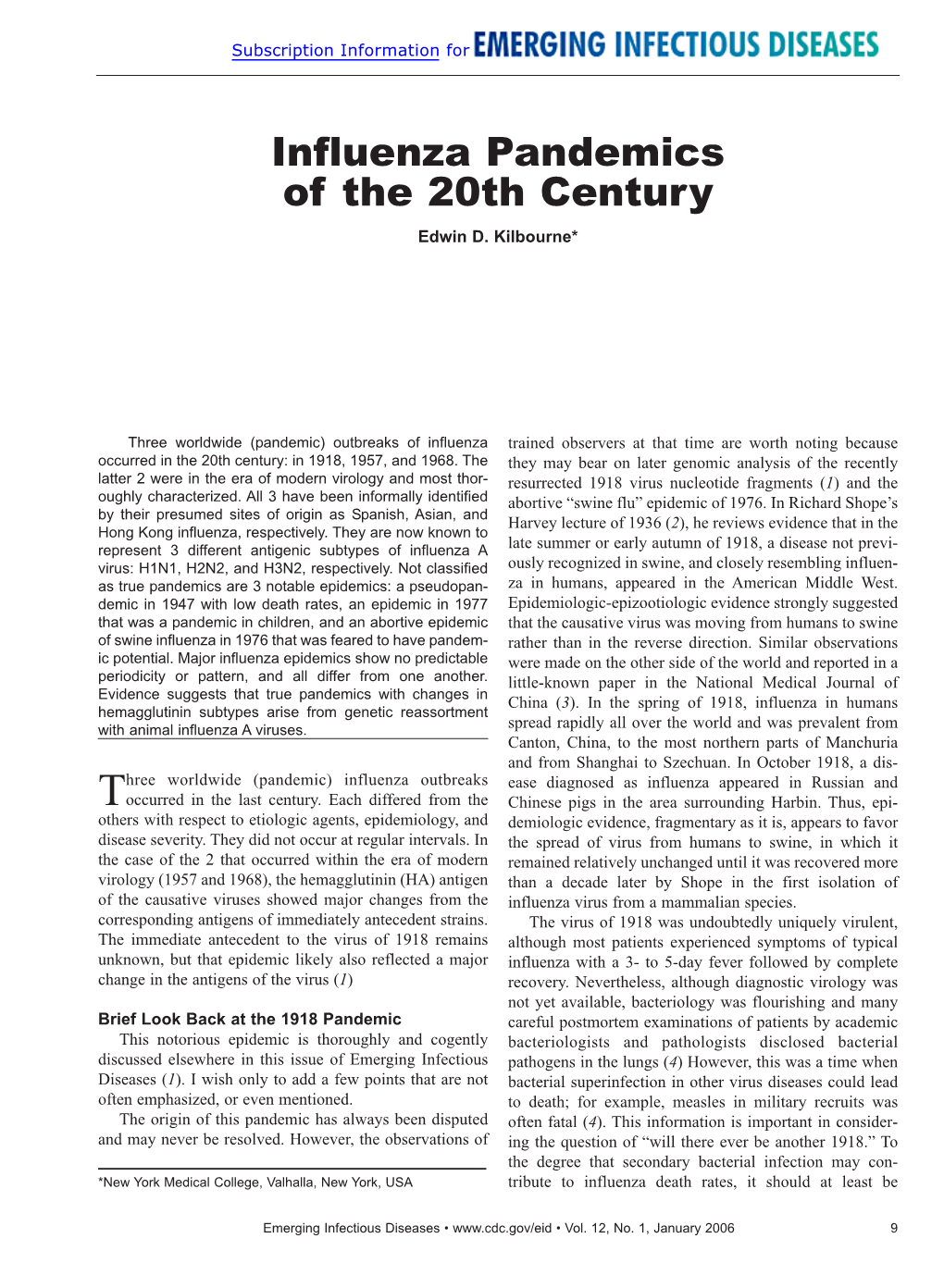 Influenza Pandemics of the 20Th Century Edwin D