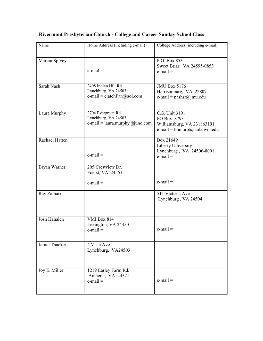 Rivermont Presbyterian Church - College and Career Sunday School Class