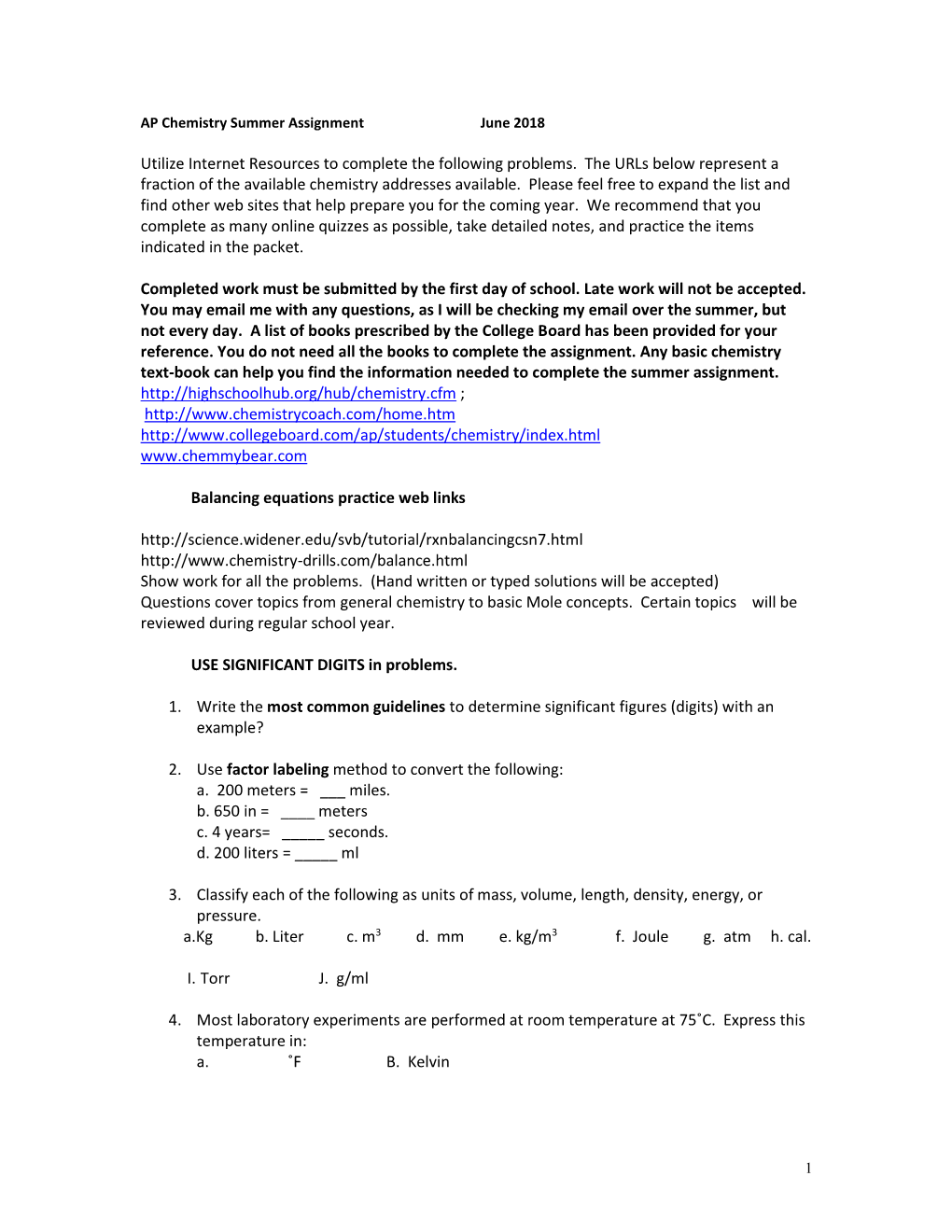 AP Chemistry Summer Assignment June 2018