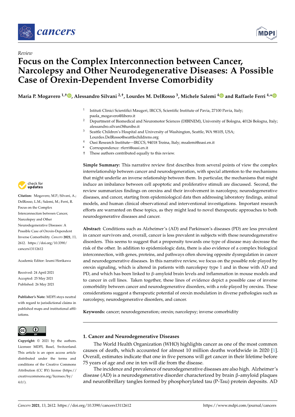 Focus on the Complex Interconnection Between Cancer, Narcolepsy and Other Neurodegenerative Diseases: a Possible Case of Orexin-Dependent Inverse Comorbidity
