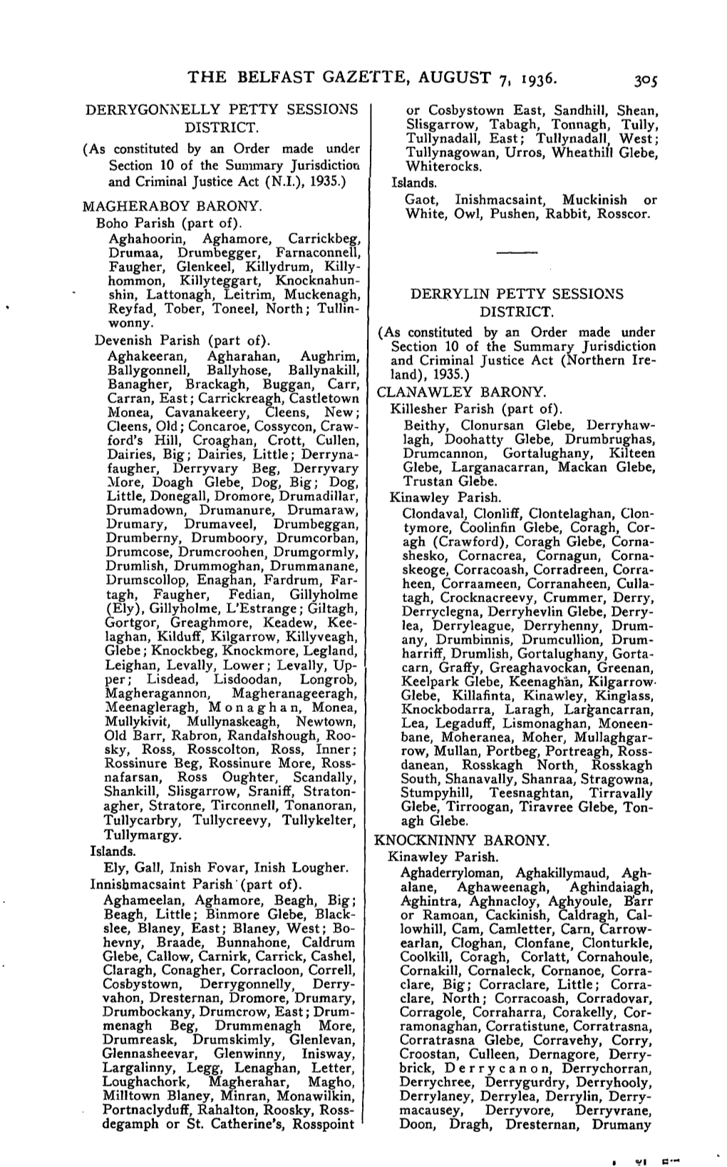 THE BELFAST GAZETTE, AUGUST 7, 1936. 305 DERRYGONNELLY PETTY SESSIONS Or Cosbystown East, Sandhill, Shean, DISTRICT