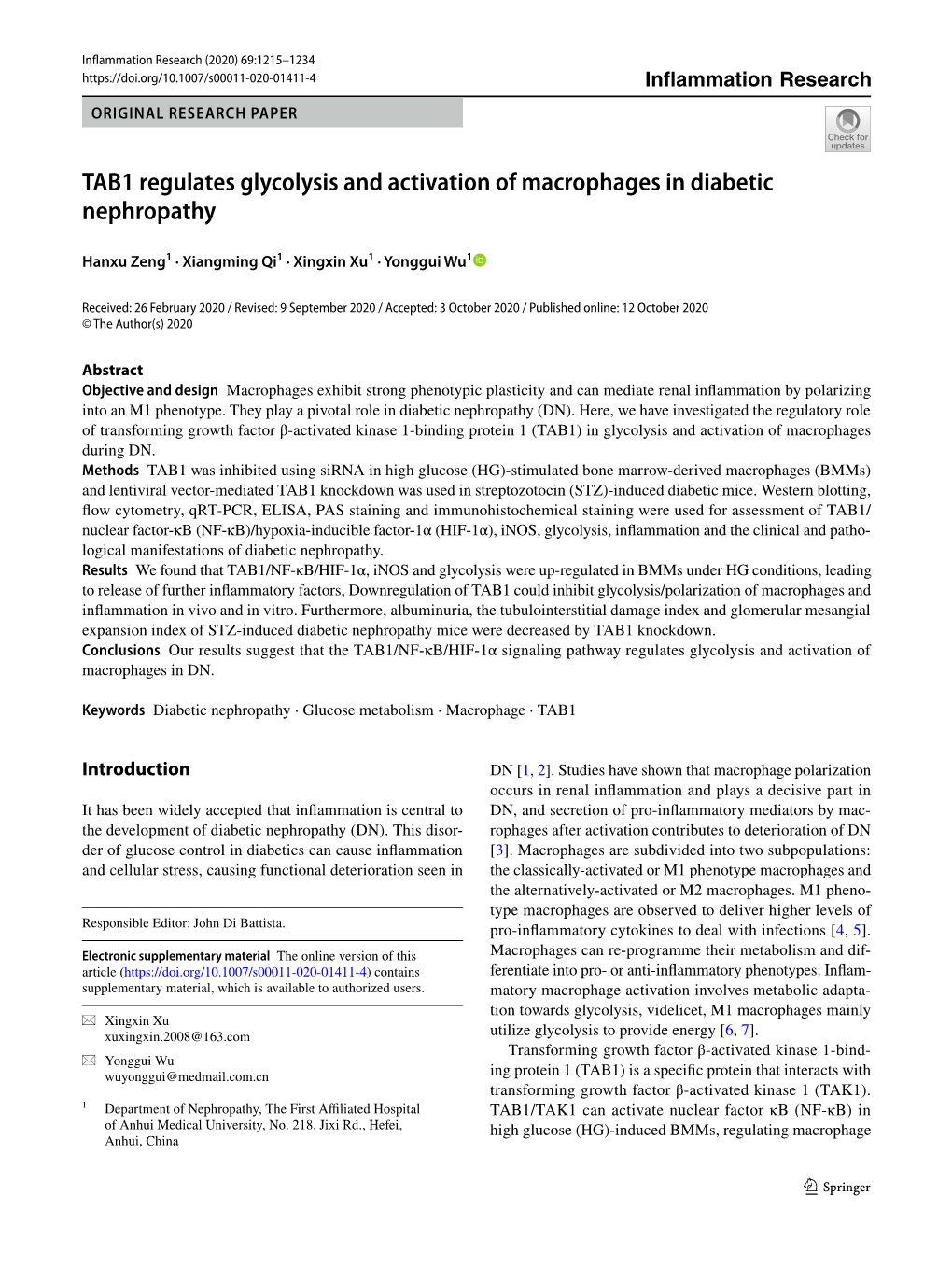 TAB1 Regulates Glycolysis and Activation of Macrophages in Diabetic Nephropathy